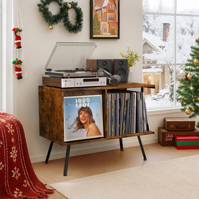 Flip-Top Record Player Stand With Vinyl Storage For 250+ Albums, Mid-Century Turntable Cabinet With Dust-Proof Lid And Open Shelf For Living Room Or B by Hokku Designs