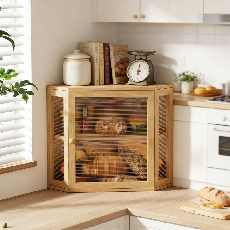 Boîte à pain en bambou pour comptoir de cuisine avec porte ondulée en acrylique, bac de rangement de pain double couche grande capacité pour les produits de boulangerie et les essentiels de cuisine