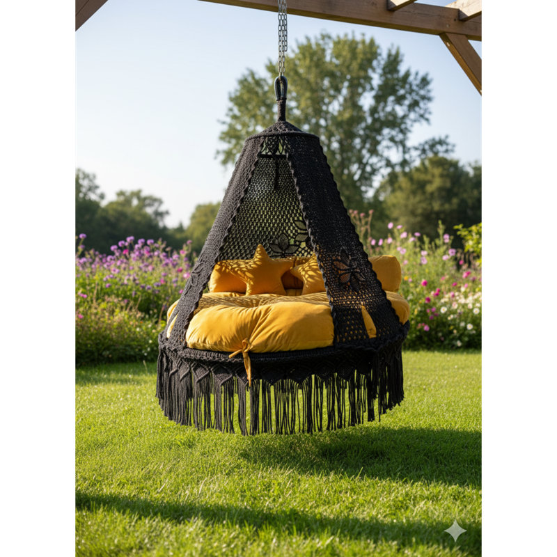 Balançoire avec coussin étoile noire et jaune - Mobilier de détente intérieur et extérieur, Noir