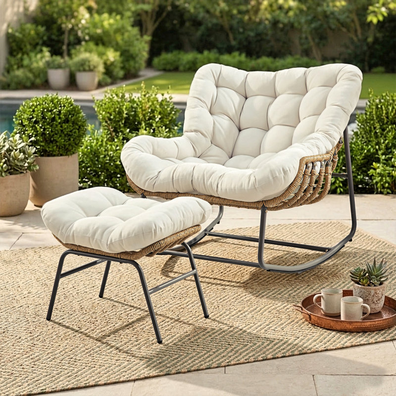 Charlcy Outdoor Wicker Rocking Chair With Ottoman And Cushions, Beige