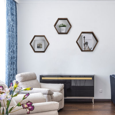 Ensemble de 3 tablettes flottantes suspendues en nid d'abeille et cadres photo gris