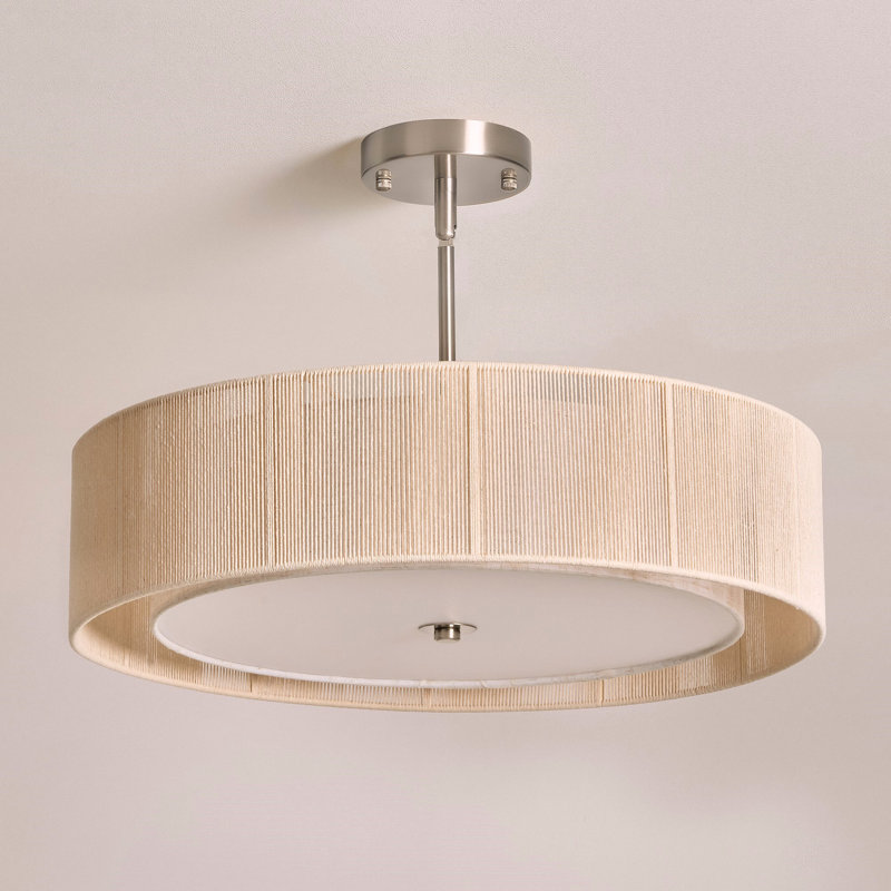 Kamila 3 - Light Natural Rope Drum Pendant Chandelier in Nickel, Beige