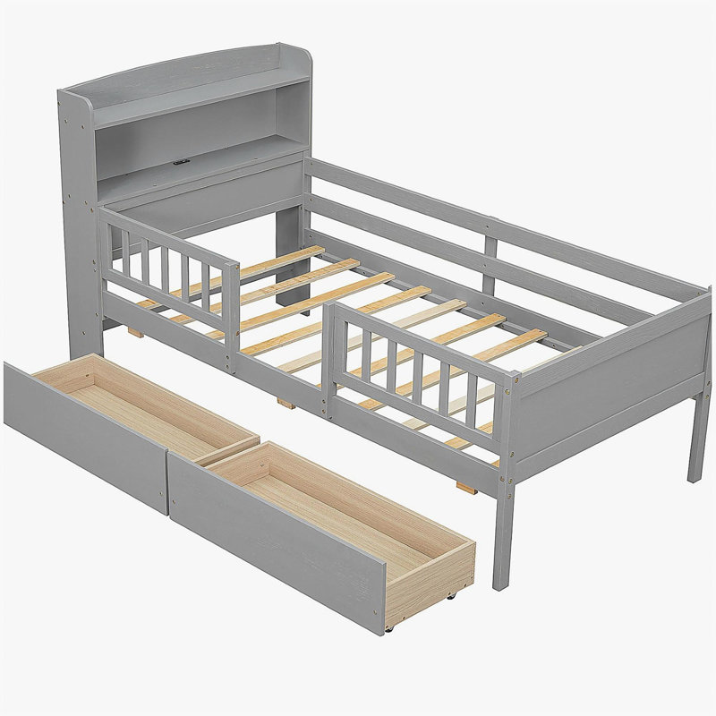Structure de lit double en bois avec lumières à DEL intégrées, tête de lit multifonctionnelle, garde-corps et 2 tiroirs, Gris