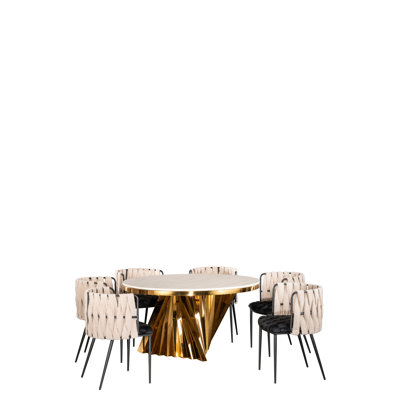 Harvin Round White Marble Dining Table Set with 6 Black and White Velvet Boucle Chairs – 7-Piece Glam Dining Set with Gold Base