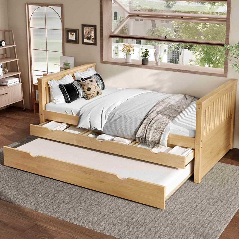 Lit plateforme simple en bois massif avec lit gigogne et tiroirs, Naturel