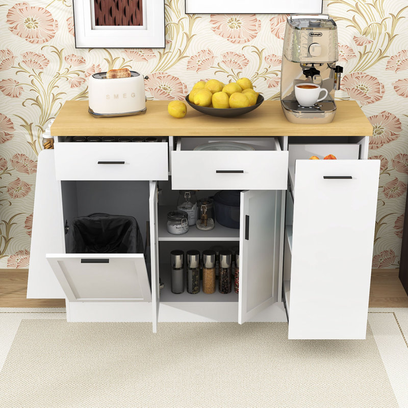 Modern Kitchen Island with Trash Bin Compartment, Sliding Doors, 3-Tier Spice Rack and Adjustable Storage, White