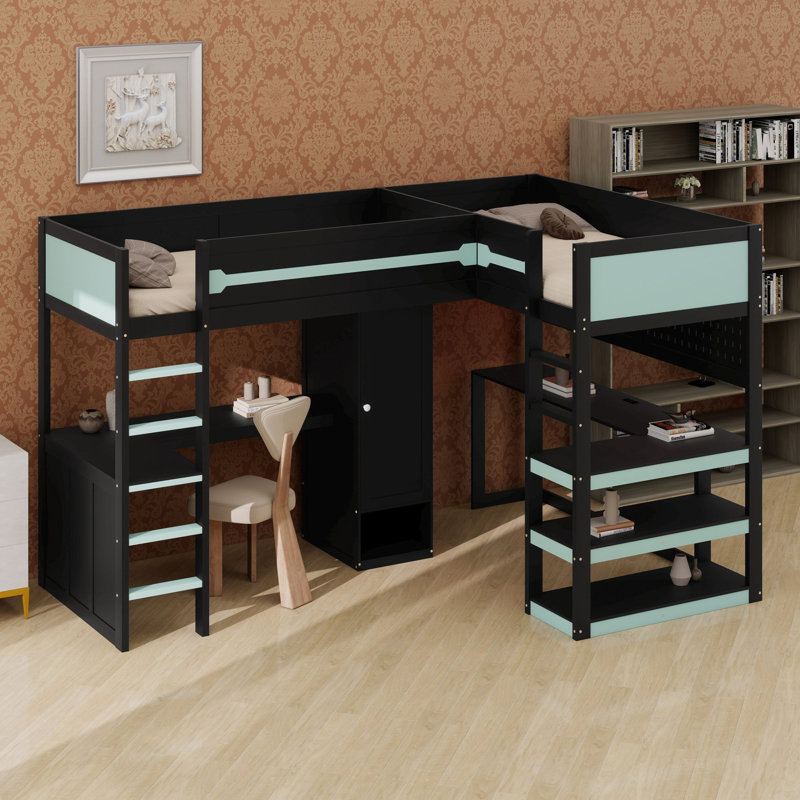Lit mezzanine de jeu avec éclairage DEL, ports USB, armoire intégrée et double bureau, idéal pour les chambres d'étudiants ou les salles de jeux.