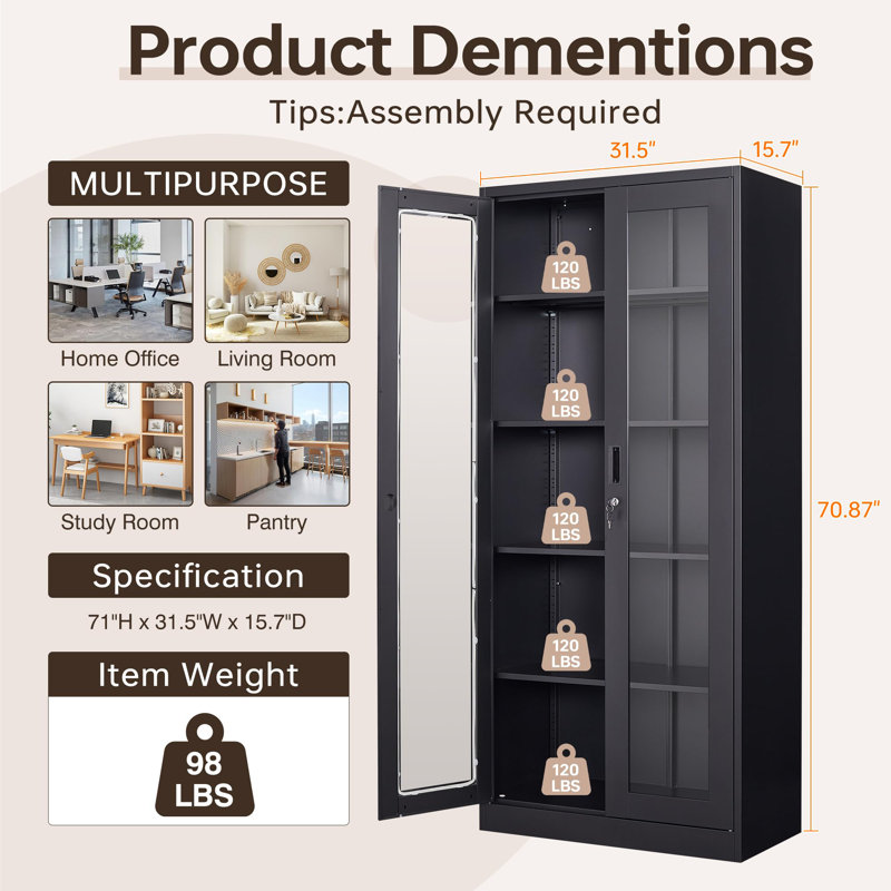 71" Tall Metal Storage Cabinet, Black