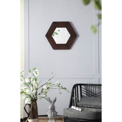 Miroir hexagonal en bois massif pour mur, pièce décorative 18,5 po x 18,5 po, teinte brun foncé avec structure stable, ornement de salle de bain 18,5 po x 18,5 po