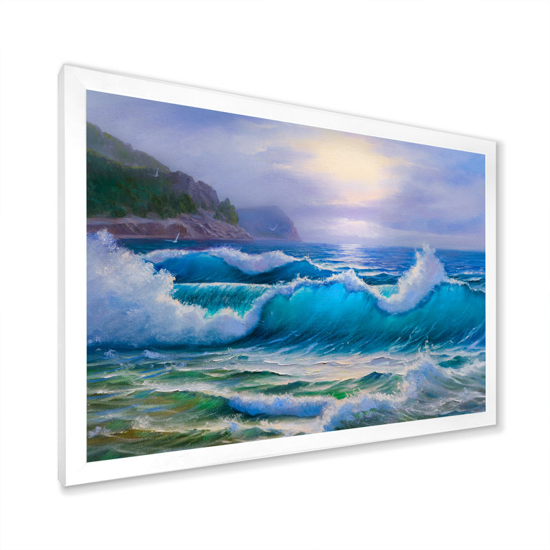 «Morning Sunlight On The Sea Waves XIII» - Décoration murale en toile nautique et côtière, Cadre photo blanc