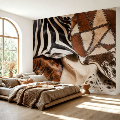 Wall Mural Peel and Stick Wallpaper African Animal Skins fur checkered brown Leather Zebra fall Self-Adhesive Removable Contact Paper Wall Decor for Living Room Bedroom 69"H x 96"W