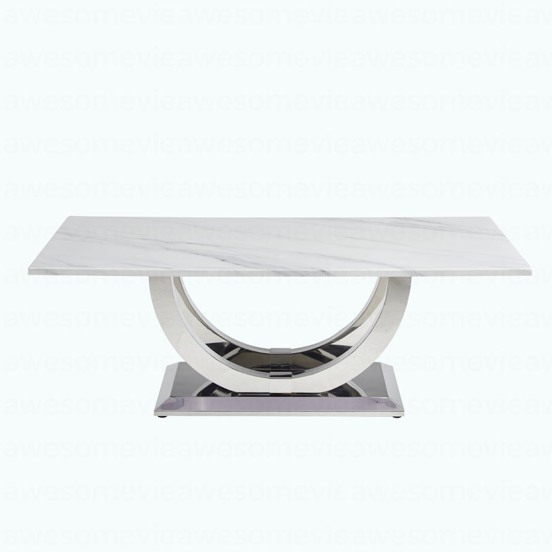 50.4 Inch Modern Rectangular Coffee Table,Marble Pattern MDF Top ,Silver Stainless Steel Base.
