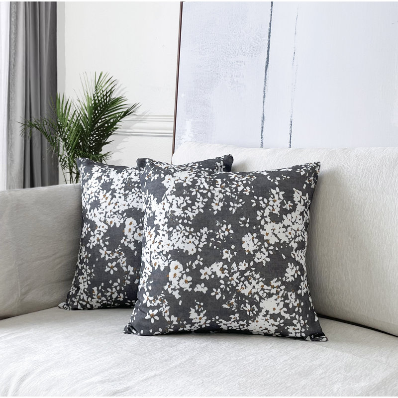 Steel Gray Floral Polyester Square Throw Pillow Set