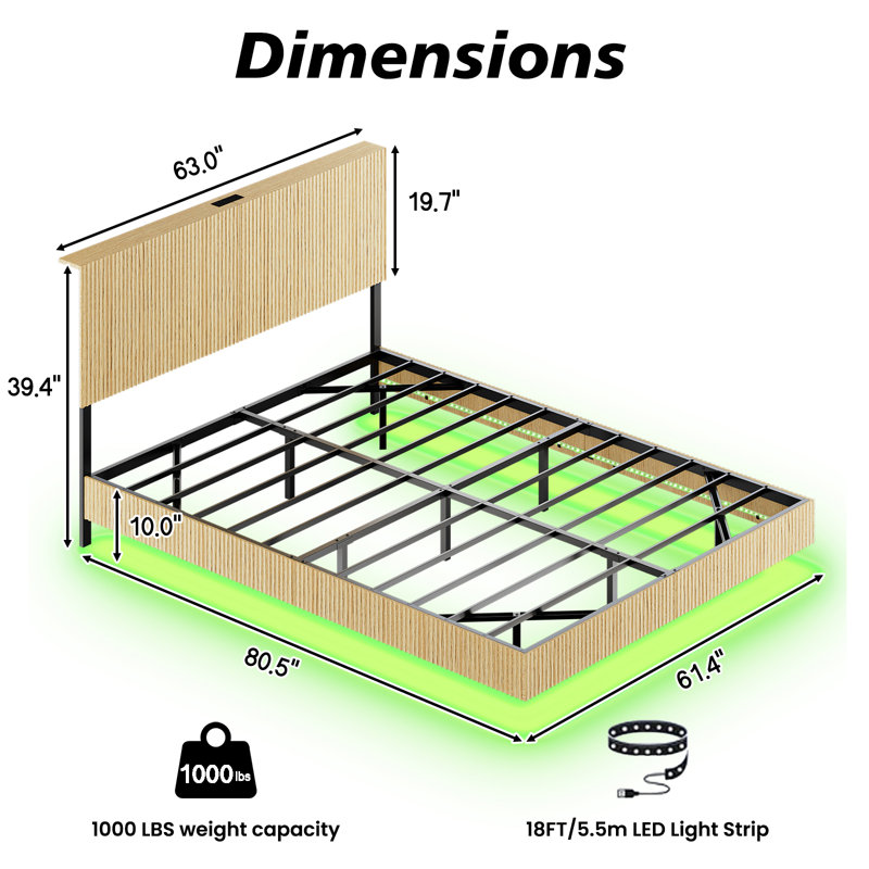 Base de lit flottante moderne avec lumières DEL et station de charge, tête de lit ondulée au fini chêne, pas de sommier nécessaire, pieds cachés