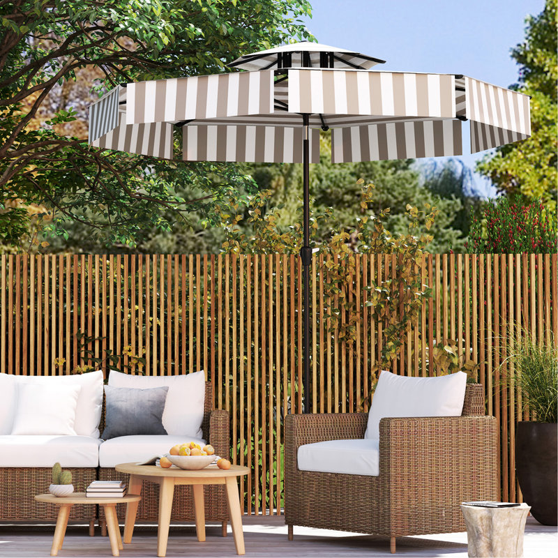 Parasol d'extérieur de 8,6 pi Outsunny, parapluie de marché extérieur UPF 30+, parasol de table de patio ventilé à 2 niveaux avec manivelle, 8 nervures, inclinaison à bouton-poussoir, gris clair