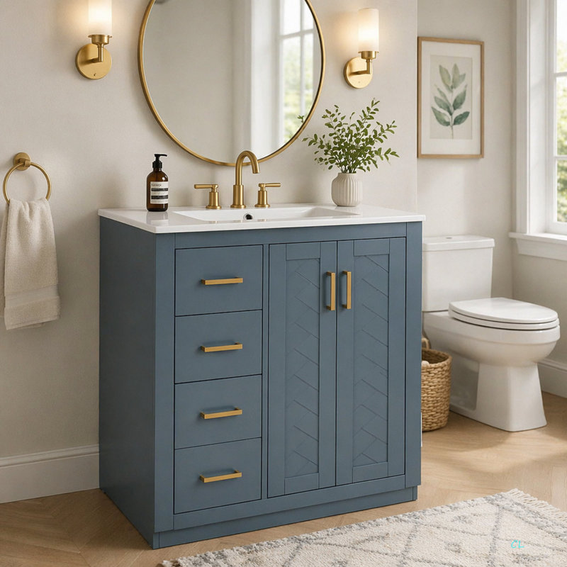 Ensemble de meuble-lavabo 30 po avec lavabo en céramique, armoire de rangement en bois massif, ensemble de meuble-lavabo autoportant avec 3 tiroirs et portes à fermeture douce