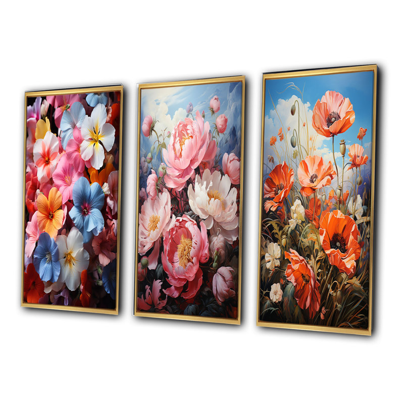 «Meadow Prairie Primrose», 3 pièces sur toile, H 28 po x l 36 po, Encadrement doré