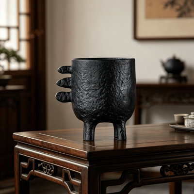 Nouveau décor de vase trépied de style bronze antique chinois, vase en céramique texturé Wabi-Sabi, ornement de table trépied rétro pour bibliothèque d'entrée de salon de thé