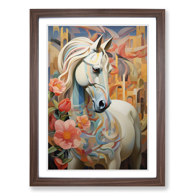 Pony Deco - Single Picture Frame Print on Wood, Walnut Framed, 34cm H x 25cm W x 2cm D