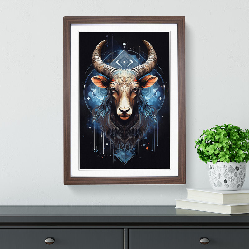 XYZ-FRM-V1223-1608 Taurus Zodiac Geometric - Single Picture Frame Print on Wood, 46cm H x 34cm W x 2cm D, Walnut