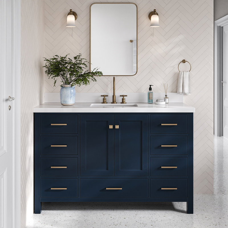 Ensemble de meuble-lavabo simple 55 po Cambridge, Bleu minuit / laiton satiné, Rectangle 