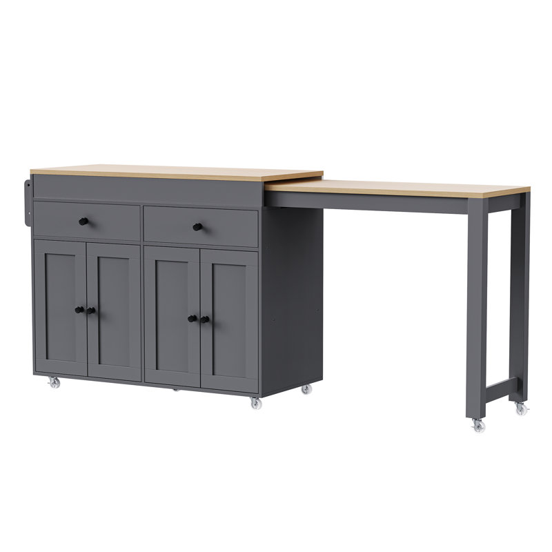  74.5" Kitchen Island with Extendable Table, Rolling Cart with Spice Rack, Storage Cabinet, Grey, Grey