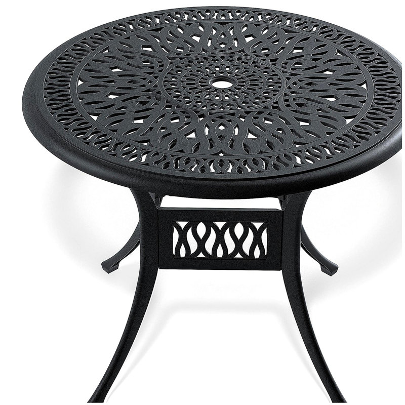 Table de salle à manger 35,43 pouces en fonte d'aluminium avec structure noire et trou pour parasol
