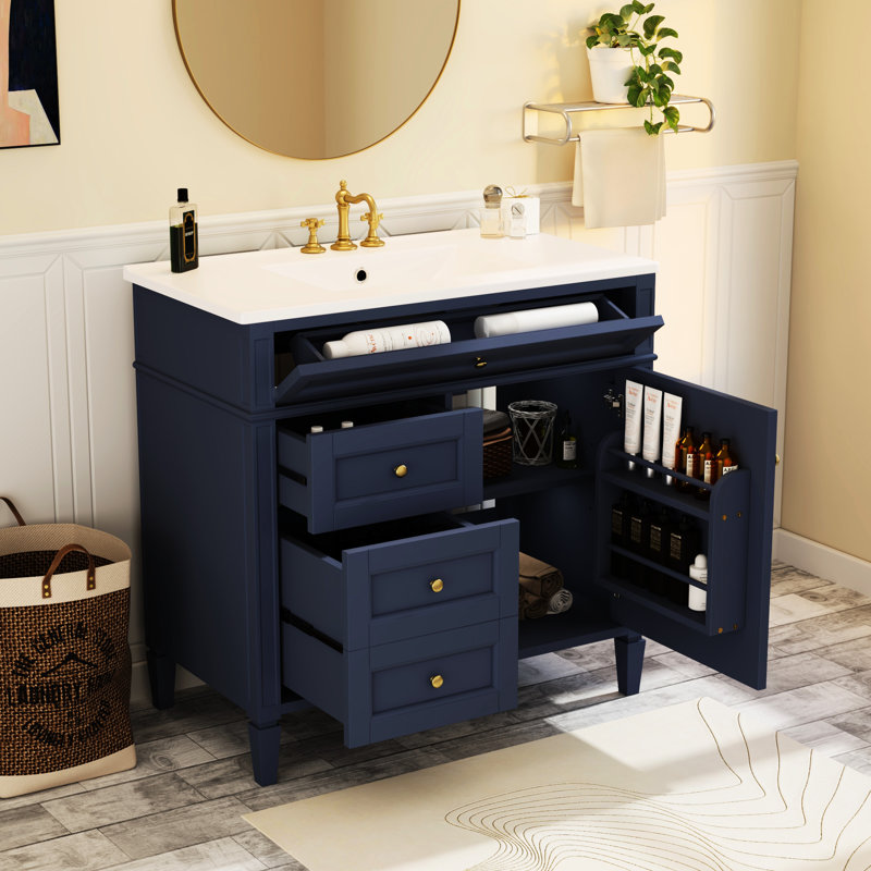 Meuble-lavabo bleu 36 po avec lavabo 36 po, 2 tiroirs et rangement efficace