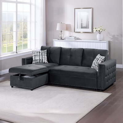 Canapé-lit modulaire en velours 90 po avec méridienne et rangement, canapé-lit escamotable