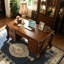 Bureau Vendôme classique européen brun de 188 cm (74 po) – Placage en bois de cerisier avec pieds sculptés en acanthe, accents de couleur patinés à la main, bureau à tiroirs multiples pour la maison ou le bureau à domicile