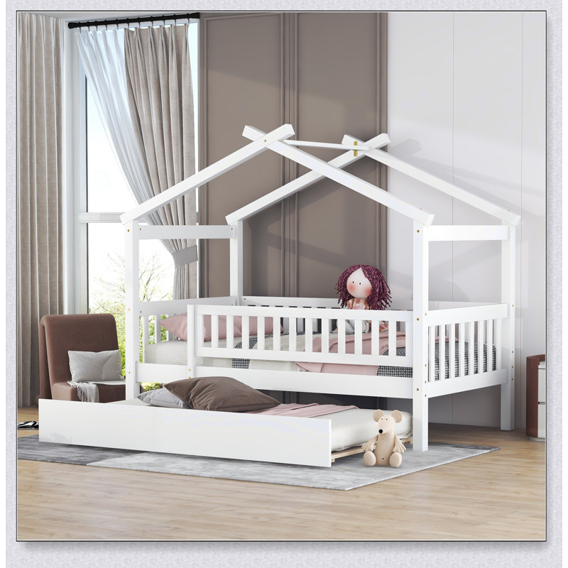 Wooden House Bed With Trundle, White