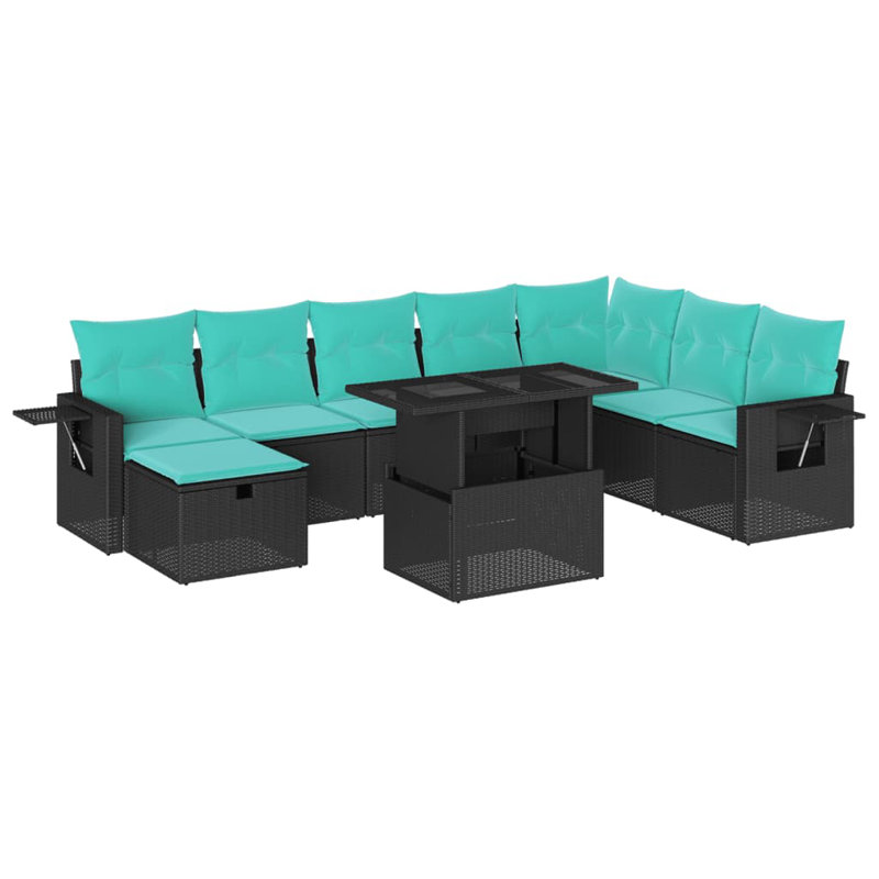  Ensemble de canapé de patio 9 pièces avec coussins en rotin de polyester, Noir, Vert