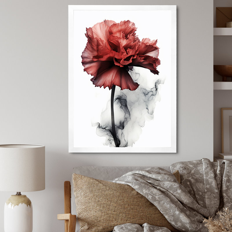 Décoration murale œillets rouges sur encre liquide monochrome - Œillets, H 32 po x l 16 po x P 1 po, Cadre photo blanc
