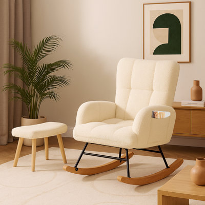 Nursery Rocking Chair with Ottoman, Teddy Upholstered Glider Rocking Chair with Side Pockets, Macfarland Accent Chair with High Backrest Reading Chair