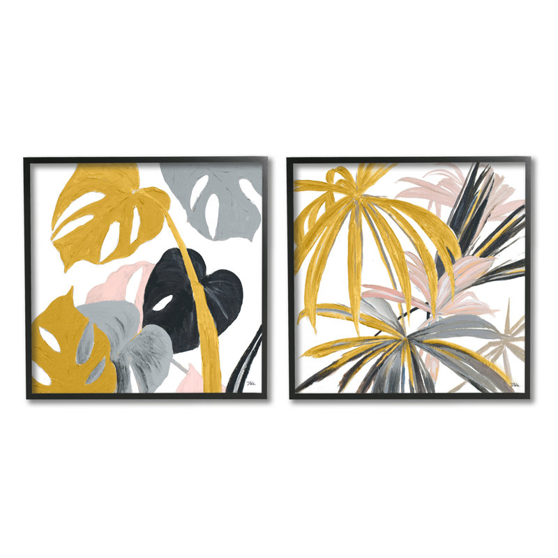 Ensemble de 2 impressions d’art graphique a2-137 grappes de feuilles de palmier jaune rose-gris par Patricia Pinto-ensemble de 2 impressions
