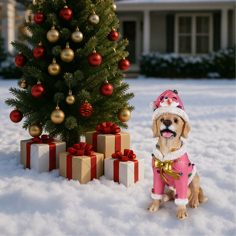 Statue de Noël Labrador Retriever, figurine de chien de Noël en tenue de père Noël rose