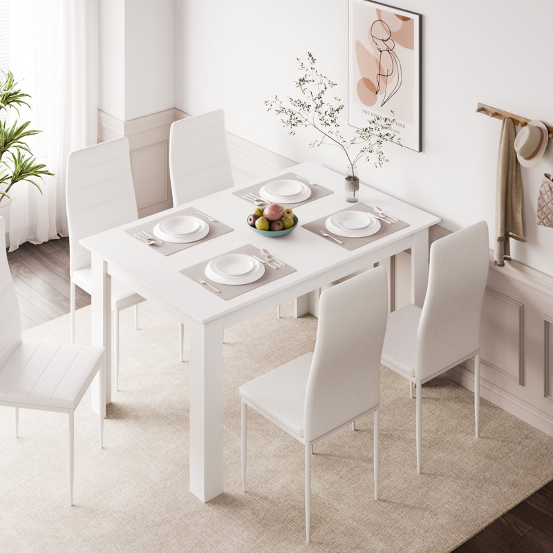 Elfredia 6 Person Wood Dining Set, White, White