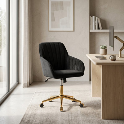 Chaise de bureau en velours, chaise de bureau pivotante noire avec base dorée pour bureau à domicile et chambre à coucher