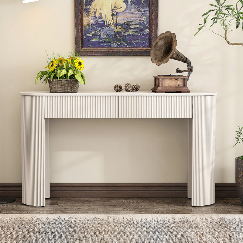 Table d'entrée avec design cannelé, console moderne avec rangement, plateau ovale et 2 tiroirs pour l'entrée et le salon (blanc champagne)