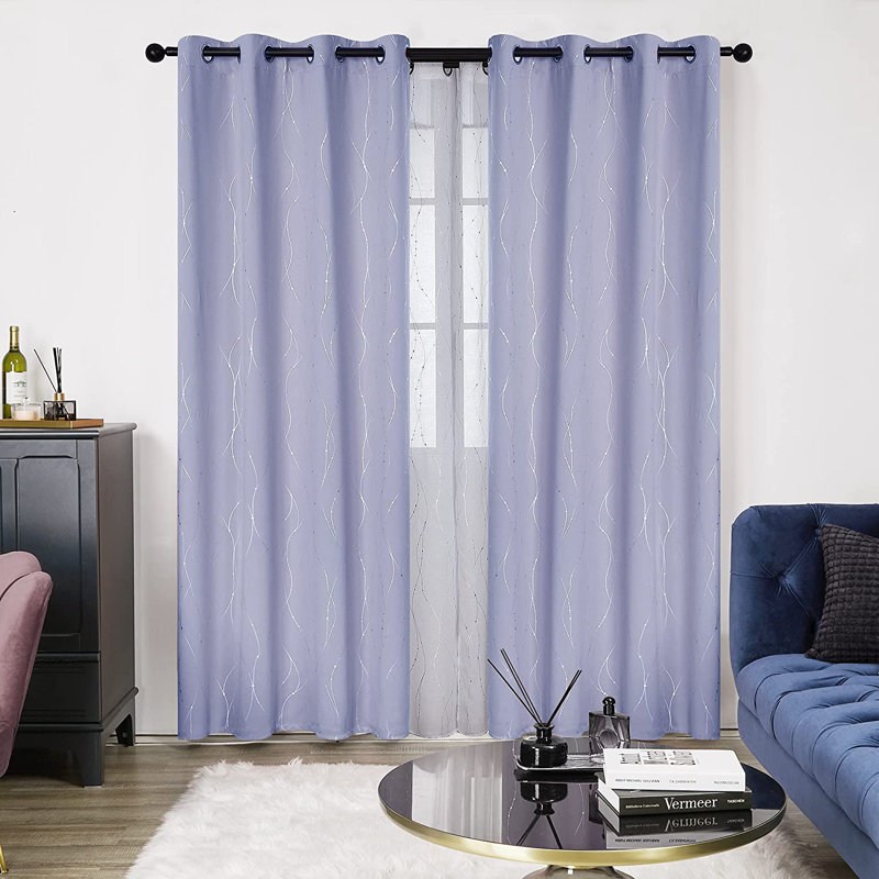 Senath Dotted Line Foil Printed Room Darkening Thermal Curtains, 117cm W x 138cm D, Light Purple