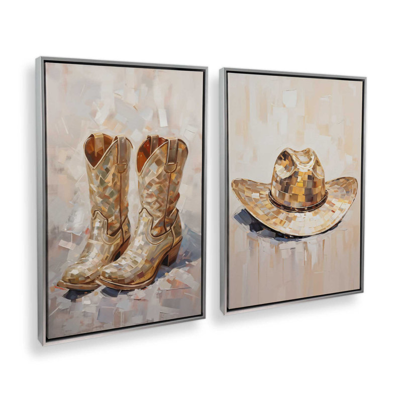 «Cowboy Essentials in Tan», ensemble de 2, Cadre flottant en chrome poli, H 49 po x l 66 po