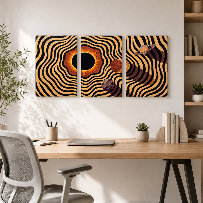 Ensemble de 3 toiles murales noires et orange avec planètes sur rayures ondulées, H 18 po x l 12 po x 3 pièces