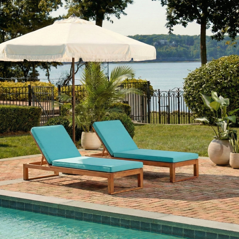 Chaise longue simple inclinable en eucalyptus avec coussins 80,9 po Faunce, Naturel, Turquoise