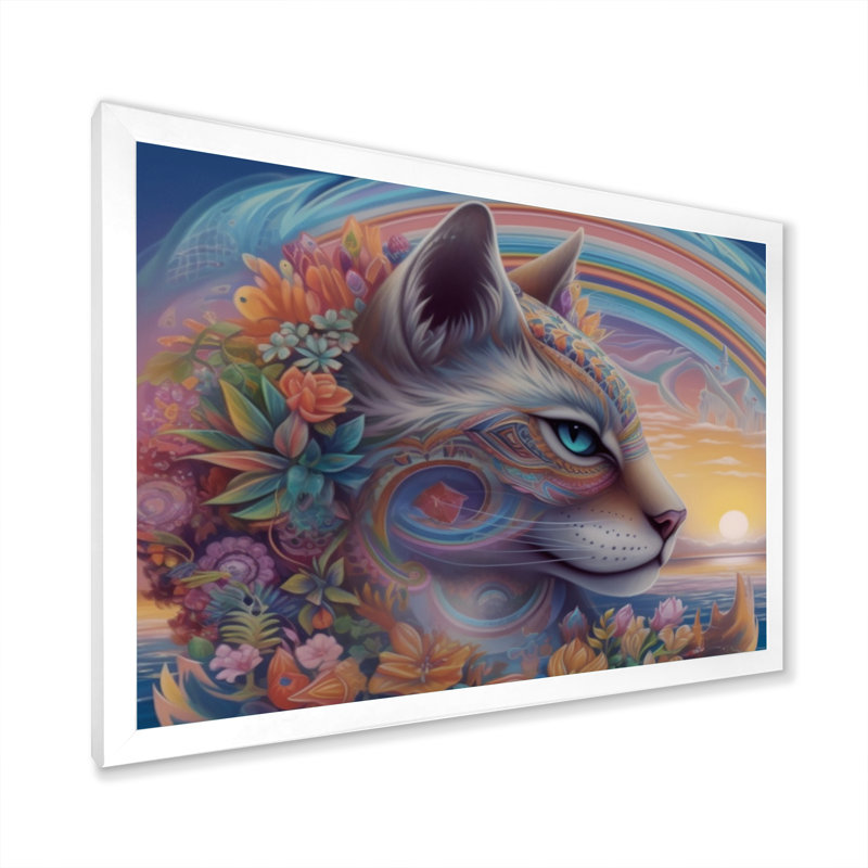 Chat arc-en-ciel magique avec fleurs sur toile, H 30 po x l 40 po x P 1,5 po, Cadre simple blanc