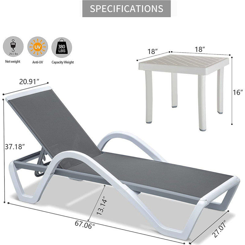 Patio Chaise Lounge Adjustable Aluminum Pool Lounge Chairs With Arm All Weather Pool Chairs For Outside,In-Pool,Lawn (Gray, 1 Lounge Chair+1 Plastic Table)