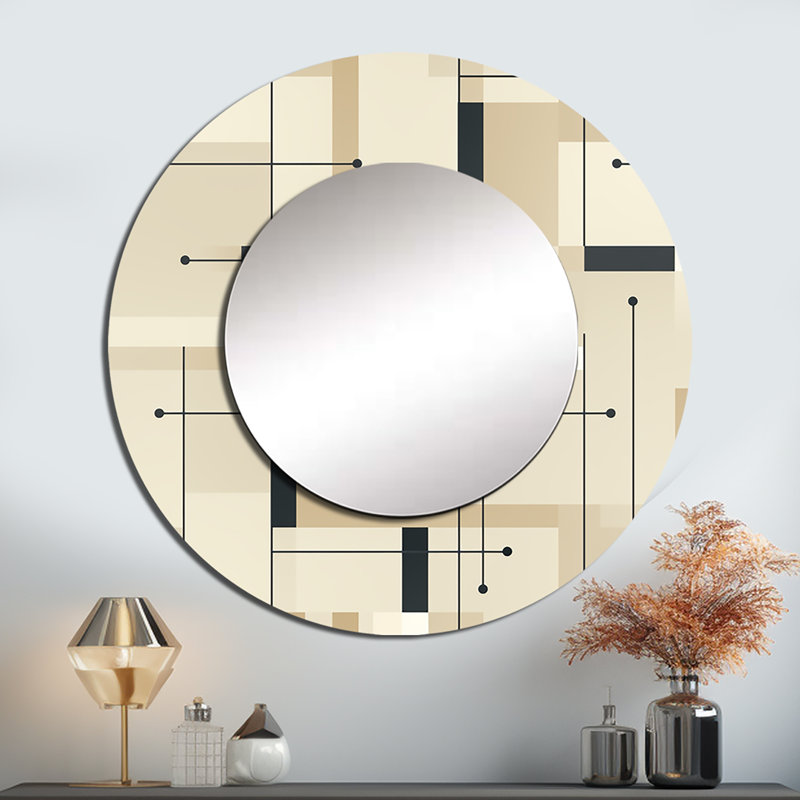 Beige et gris Minimalist Grid Harmony - miroir mural géométrique unique, miroir rond moderne, impression d'art en métal