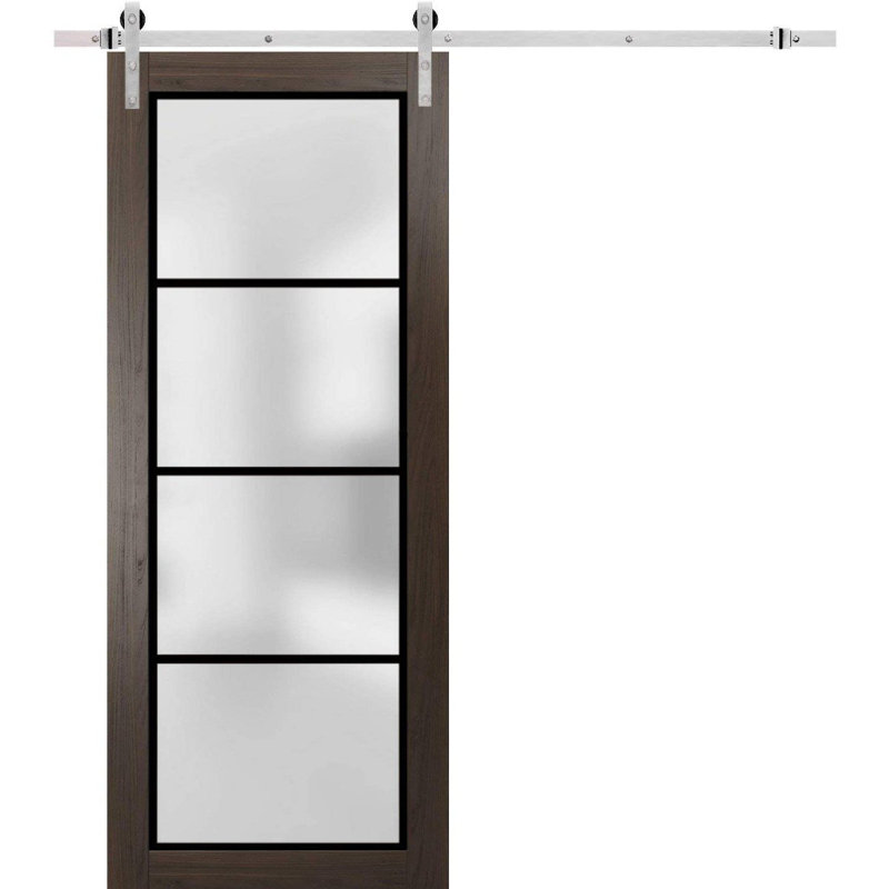 Porte de grange robuste en verre trempé givré | Planum 2132 | Ensemble de quincaillerie lourde pour cintres 6,6 pi argenté | Portes intérieures modernes à panneau massif - Rail argenté