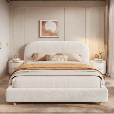 Upholstered Platform Bed with Curve-Shaped Headboard and Boucle Fabric Keo