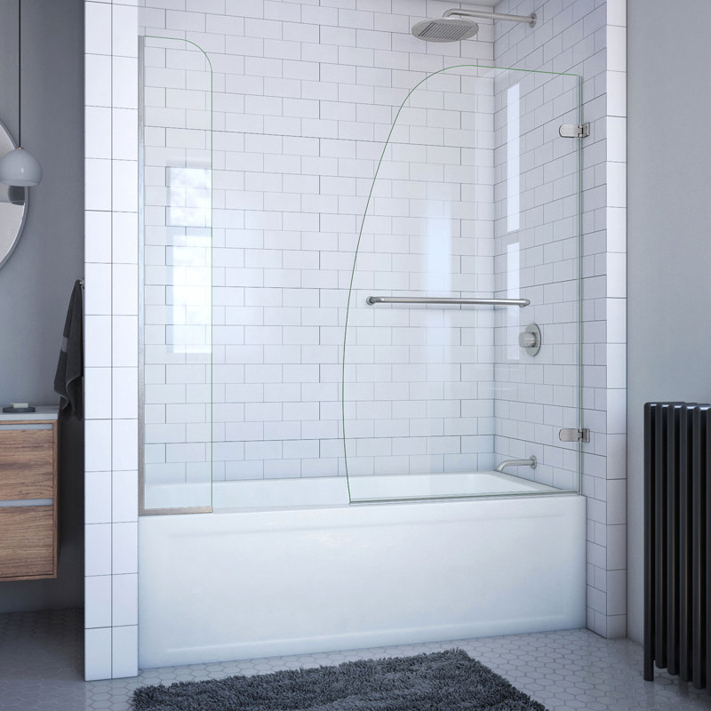 Aqua Uno 56" W x 58" H Hinged Frameless Tub Door with Extender Panel, Brushed Nickel