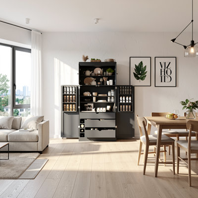 77" Tall Freestanding Kitchen Pantry Cabinet with Adjustable Shelves Drawers and Wine Racks